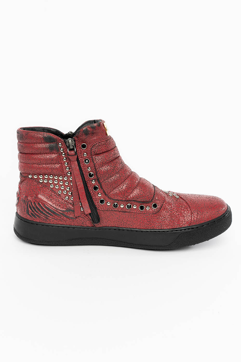 MENS MID TOP BIKER SHOES IN CRACKLED RED LEATHER WITH CRYSTALS AND STUDS EMBELLISHMENT