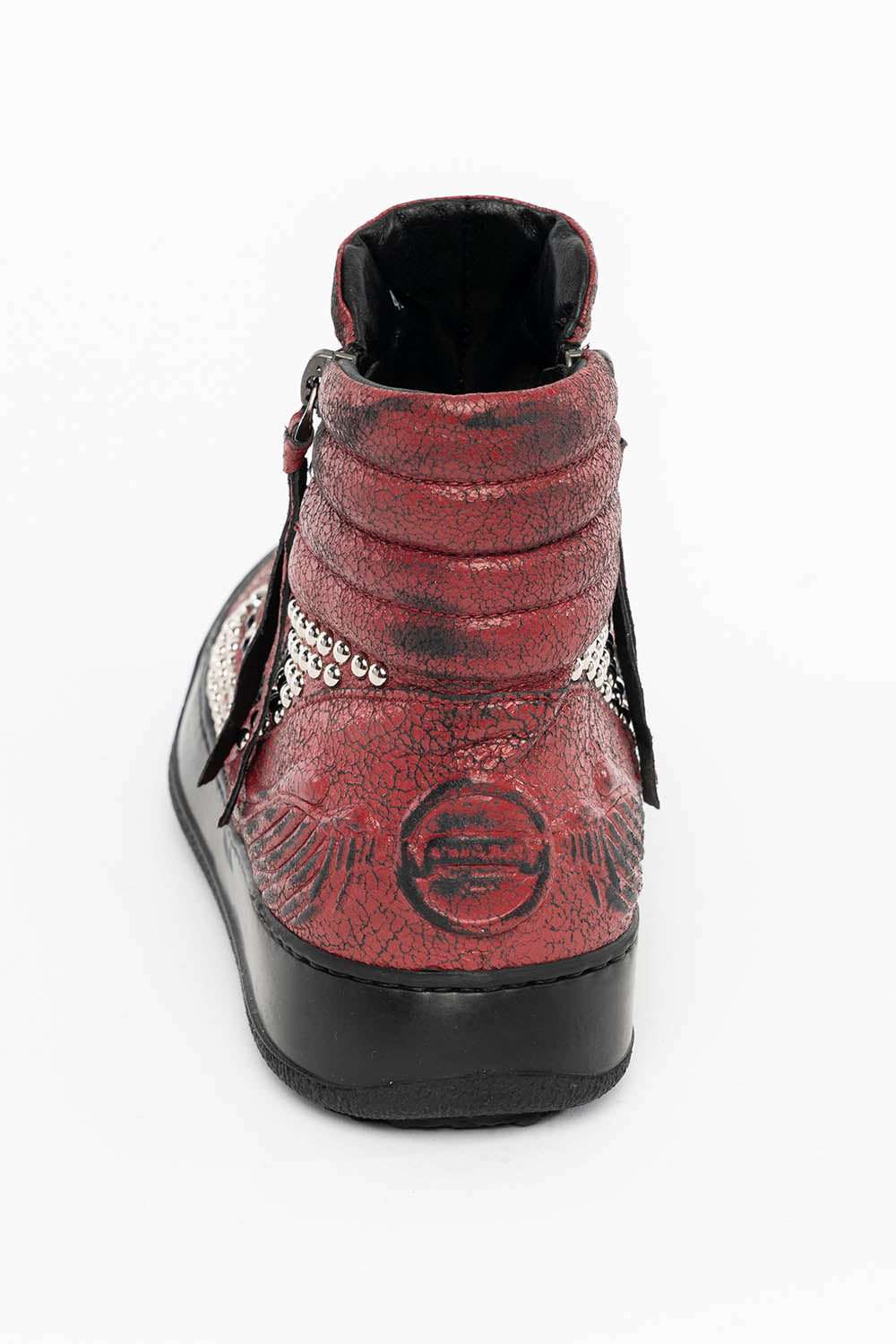 MENS MID TOP BIKER SHOES IN CRACKLED RED LEATHER WITH CRYSTALS AND STUDS EMBELLISHMENT