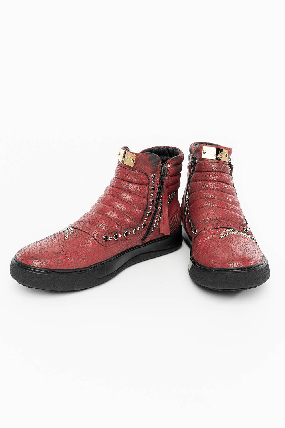 MENS MID TOP BIKER SHOES IN CRACKLED RED LEATHER WITH CRYSTALS AND STUDS EMBELLISHMENT