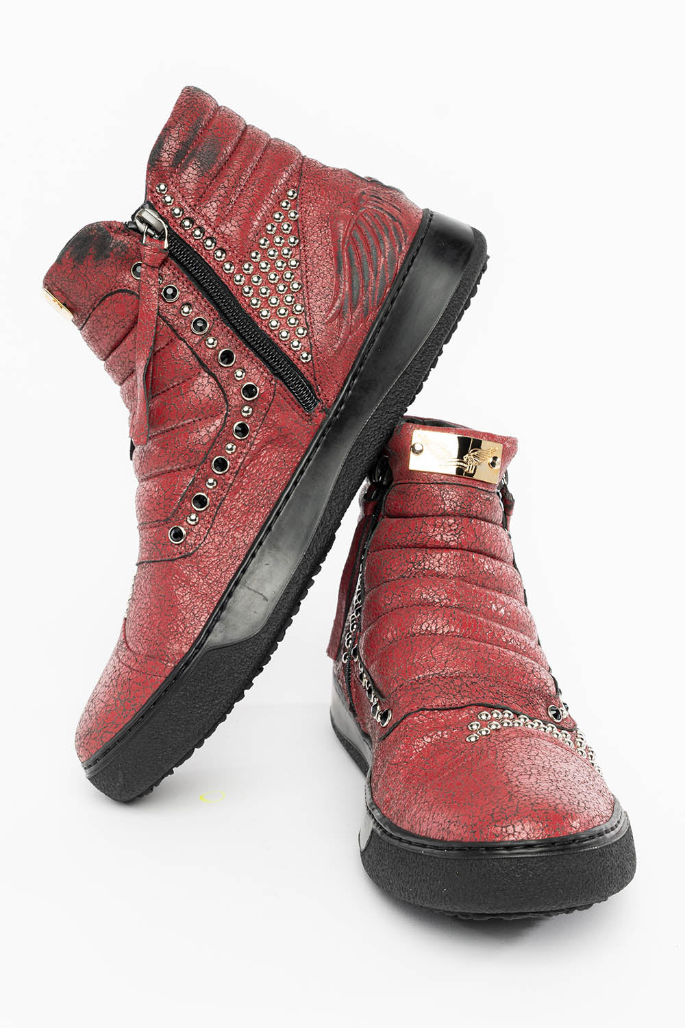 MENS MID TOP BIKER SHOES IN CRACKLED RED LEATHER WITH CRYSTALS AND STUDS EMBELLISHMENT