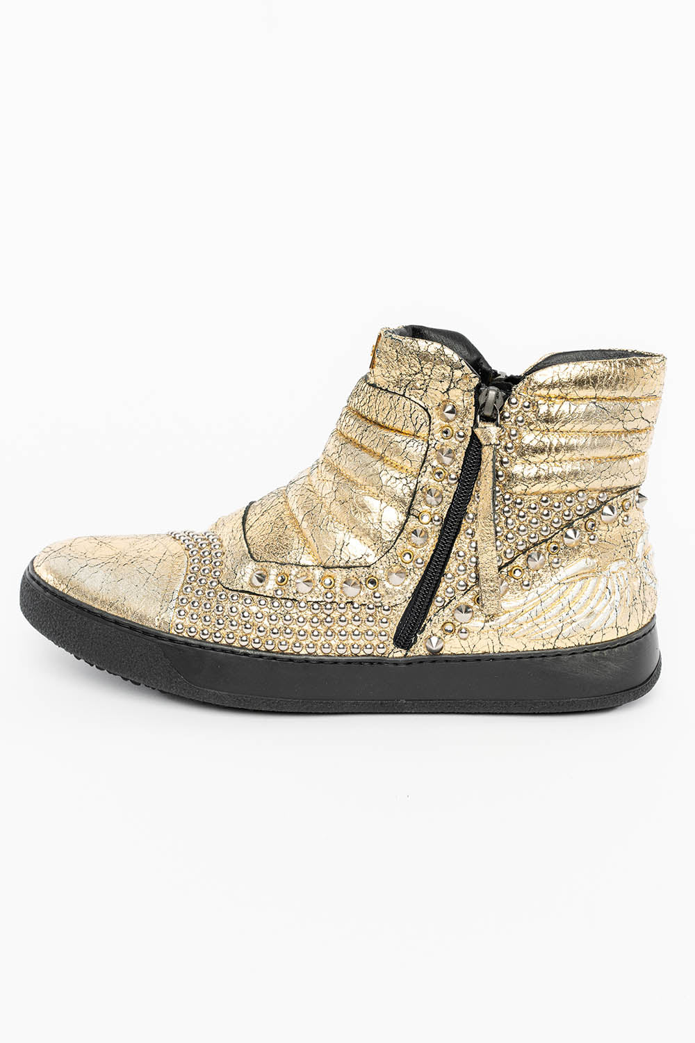 MENS MID TOP BIKER SHOES IN CRACKLED GOLD LEATHER WITH CRYSTALS AND STUDS EMBELLISHMENT