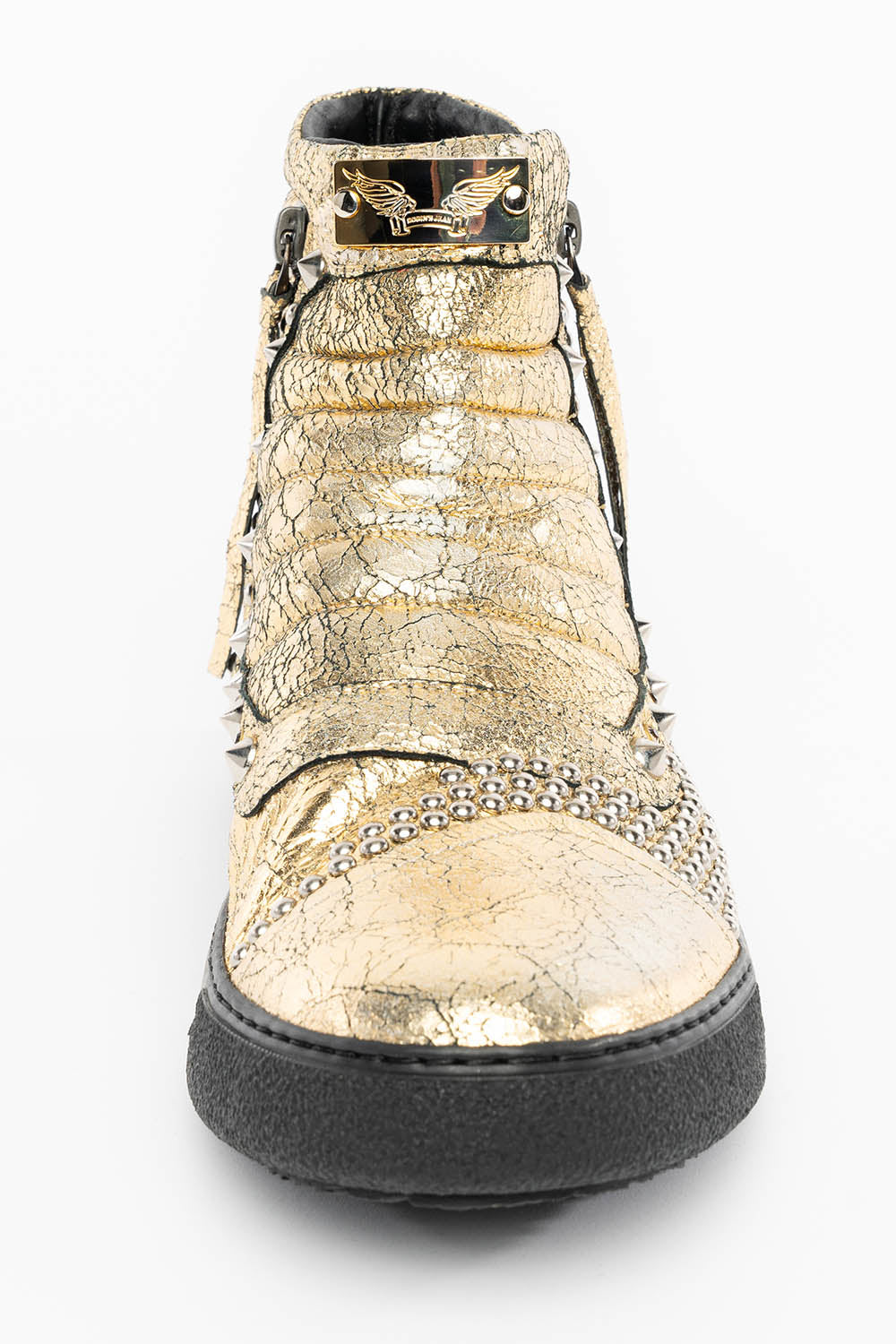 MENS MID TOP BIKER SHOES IN CRACKLED GOLD LEATHER WITH CRYSTALS AND STUDS EMBELLISHMENT