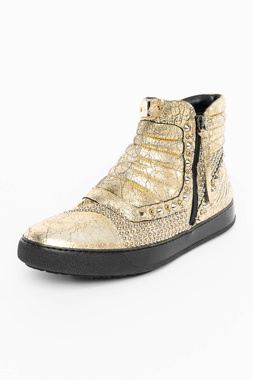 MENS MID TOP BIKER SHOES IN CRACKLED GOLD LEATHER WITH CRYSTALS AND STUDS EMBELLISHMENT
