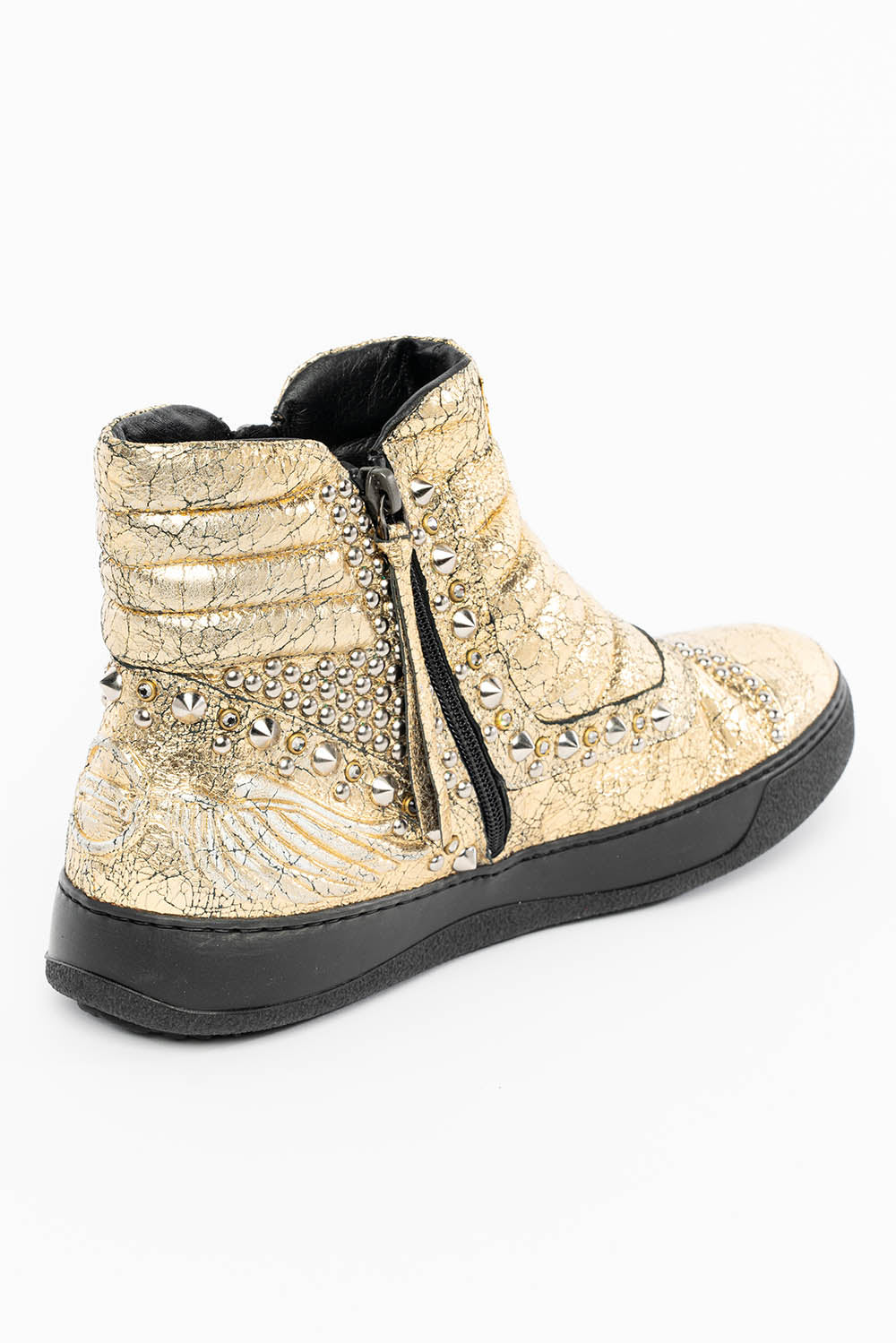 MENS MID TOP BIKER SHOES IN CRACKLED GOLD LEATHER WITH CRYSTALS AND STUDS EMBELLISHMENT