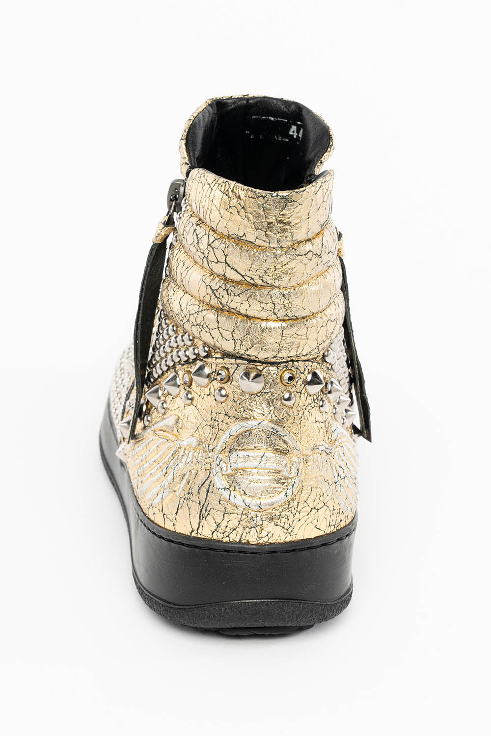 MENS MID TOP BIKER SHOES IN CRACKLED GOLD LEATHER WITH CRYSTALS AND STUDS EMBELLISHMENT