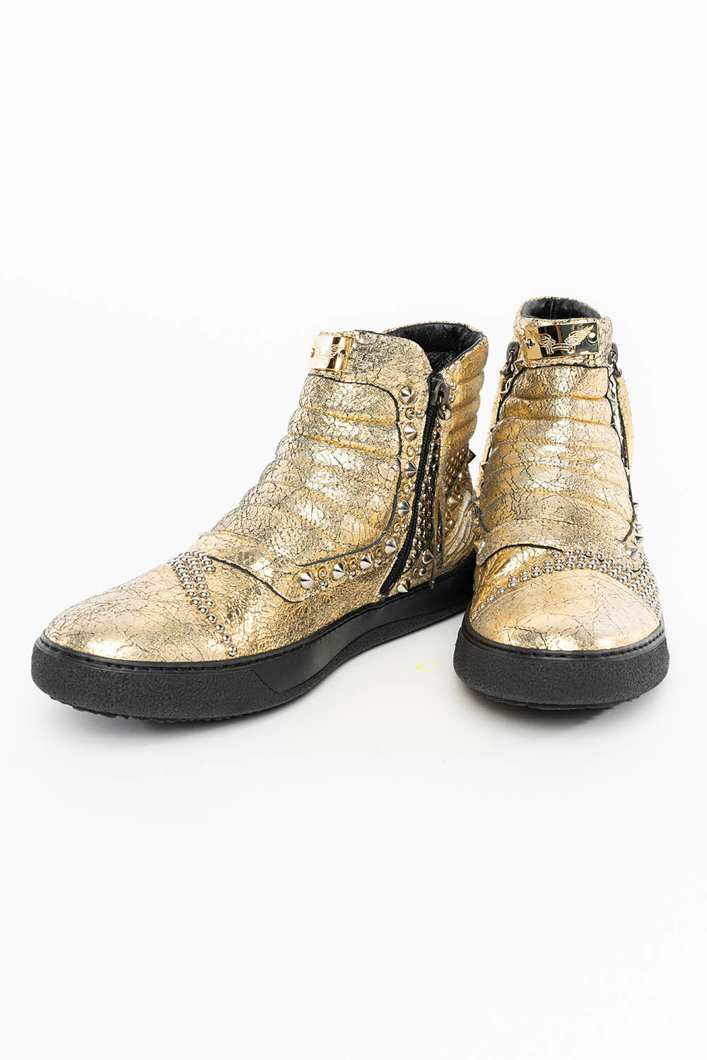 MENS MID TOP BIKER SHOES IN CRACKLED GOLD LEATHER WITH CRYSTALS AND STUDS EMBELLISHMENT