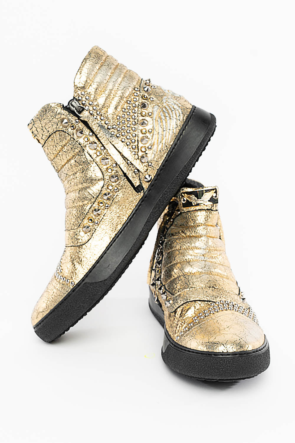 MENS MID TOP BIKER SHOES IN CRACKLED GOLD LEATHER WITH CRYSTALS AND STUDS EMBELLISHMENT