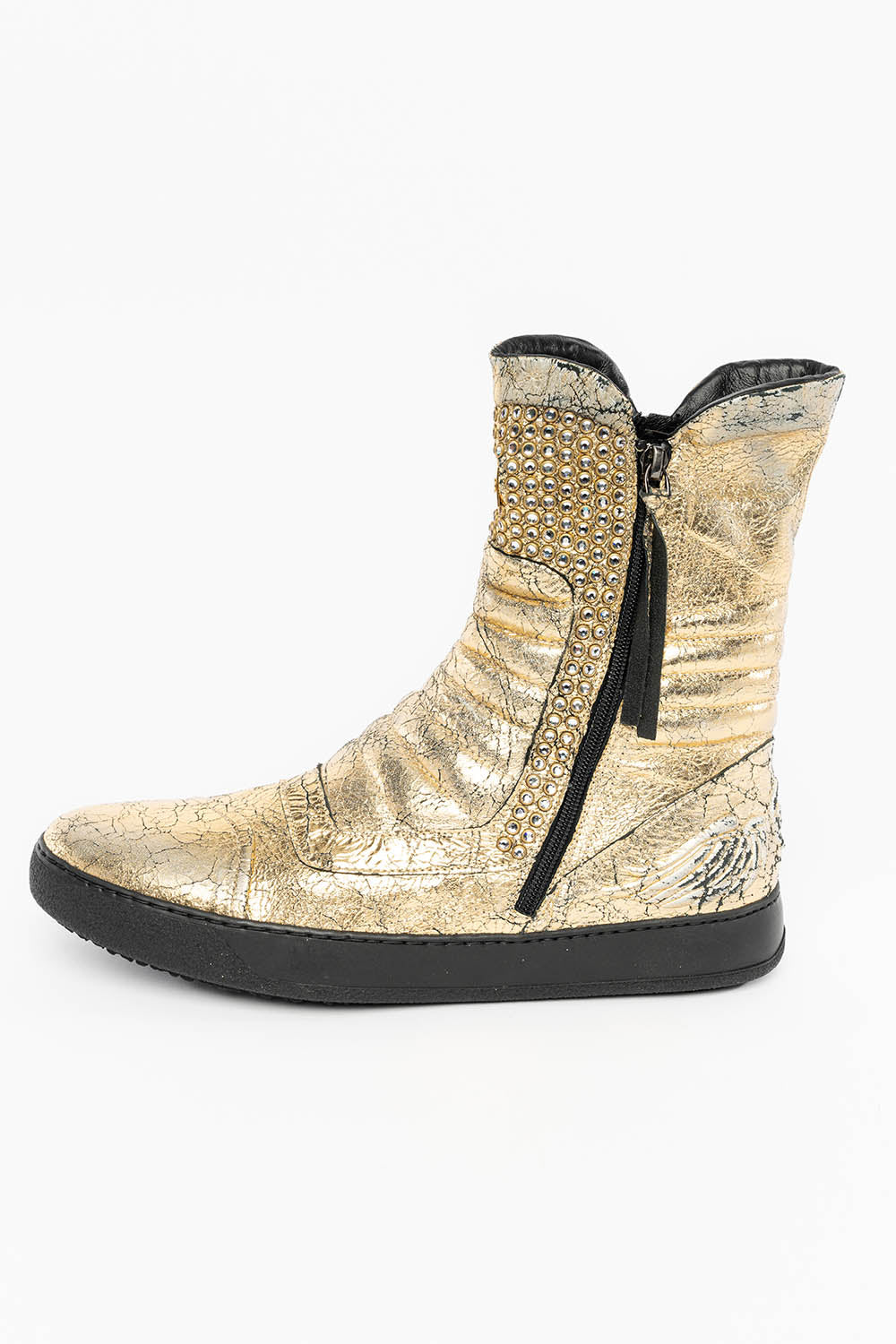 MENS HIGH TOP BIKER SHOES IN CRACKLED GOLD LEATHER WITH CRYSTAL EMBELLISHMENT DEFINITION