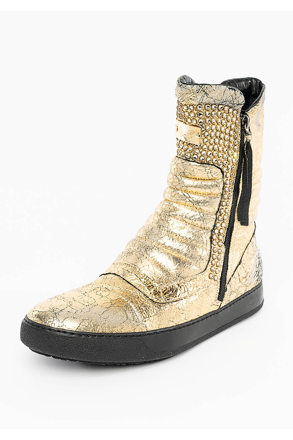 MENS HIGH TOP BIKER SHOES IN CRACKLED GOLD LEATHER WITH CRYSTAL EMBELLISHMENT DEFINITION