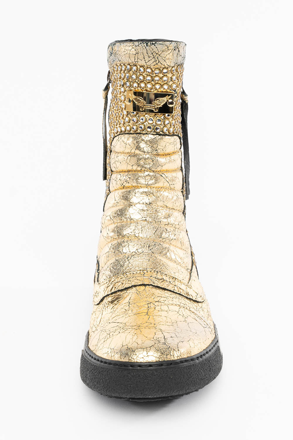 MENS HIGH TOP BIKER SHOES IN CRACKLED GOLD LEATHER WITH CRYSTAL EMBELLISHMENT DEFINITION