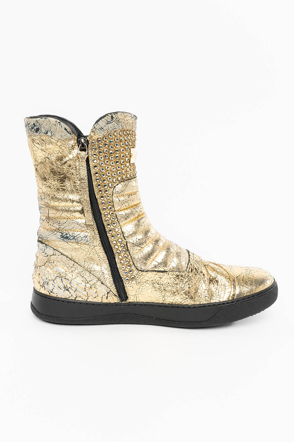 MENS HIGH TOP BIKER SHOES IN CRACKLED GOLD LEATHER WITH CRYSTAL EMBELLISHMENT DEFINITION