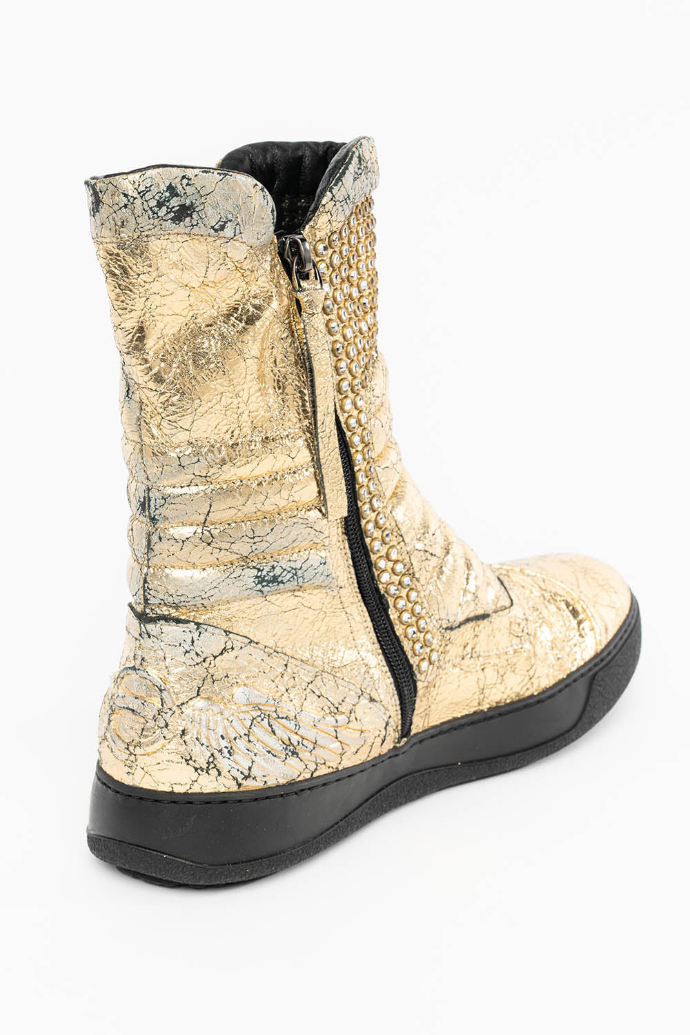 MENS HIGH TOP BIKER SHOES IN CRACKLED GOLD LEATHER WITH CRYSTAL EMBELLISHMENT DEFINITION