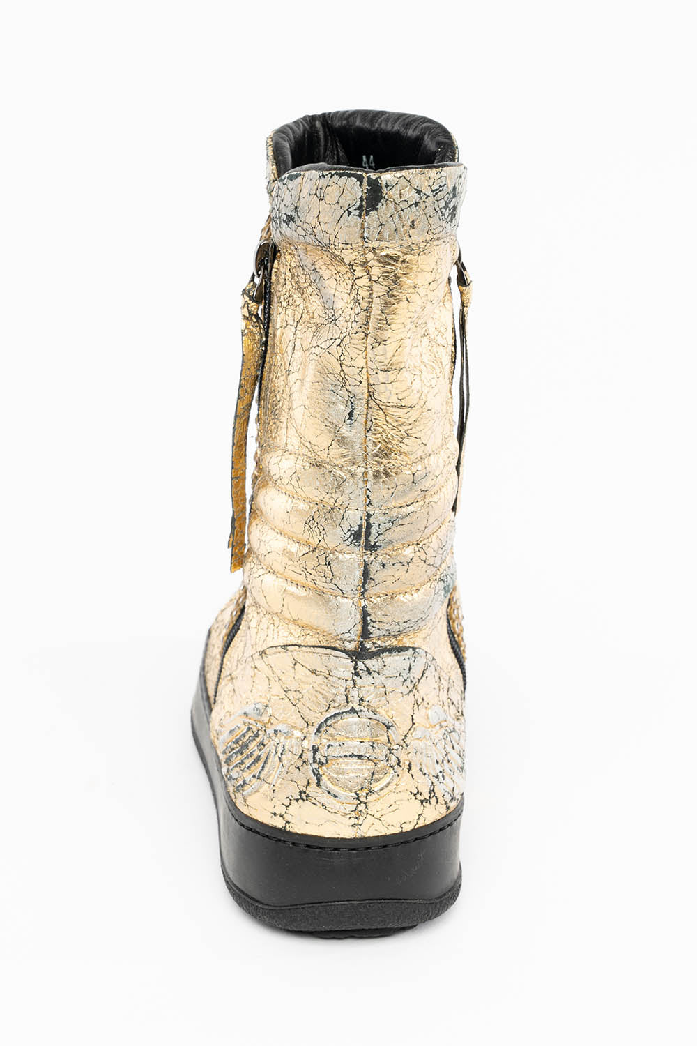 MENS HIGH TOP BIKER SHOES IN CRACKLED GOLD LEATHER WITH CRYSTAL EMBELLISHMENT DEFINITION