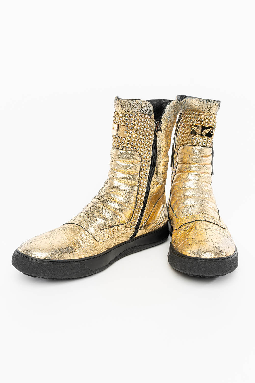 MENS HIGH TOP BIKER SHOES IN CRACKLED GOLD LEATHER WITH CRYSTAL EMBELLISHMENT DEFINITION