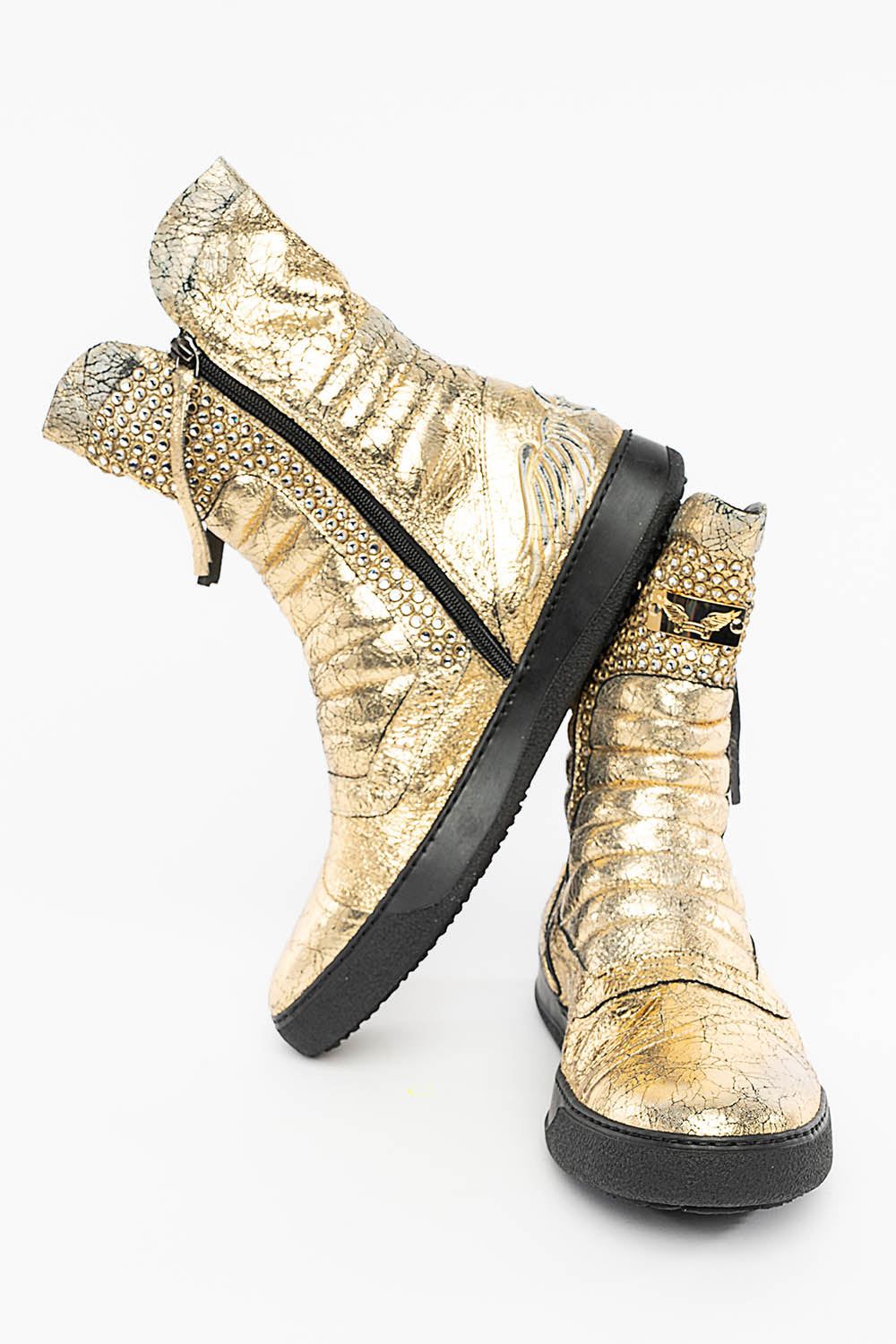 MENS HIGH TOP BIKER SHOES IN CRACKLED GOLD LEATHER WITH CRYSTAL EMBELLISHMENT DEFINITION