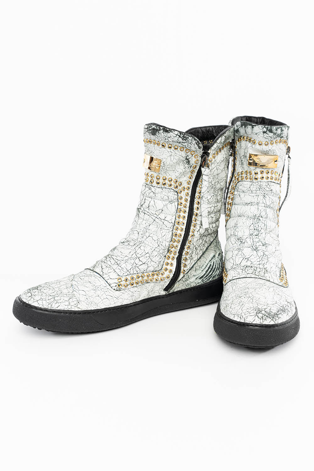 MENS HIGH TOP BIKER SHOES IN CRACKLED WHITE LEATHER WITH CRYSTAL EMBELLISHMENT DEFINITION