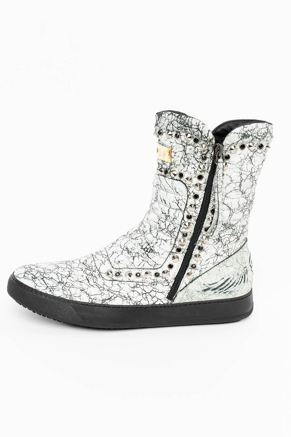 MENS HIGH TOP BIKER SHOES IN CRACKLED WHITE LEATHER WITH CRYSTALS AND SPIKE EMBELLISHMENT
