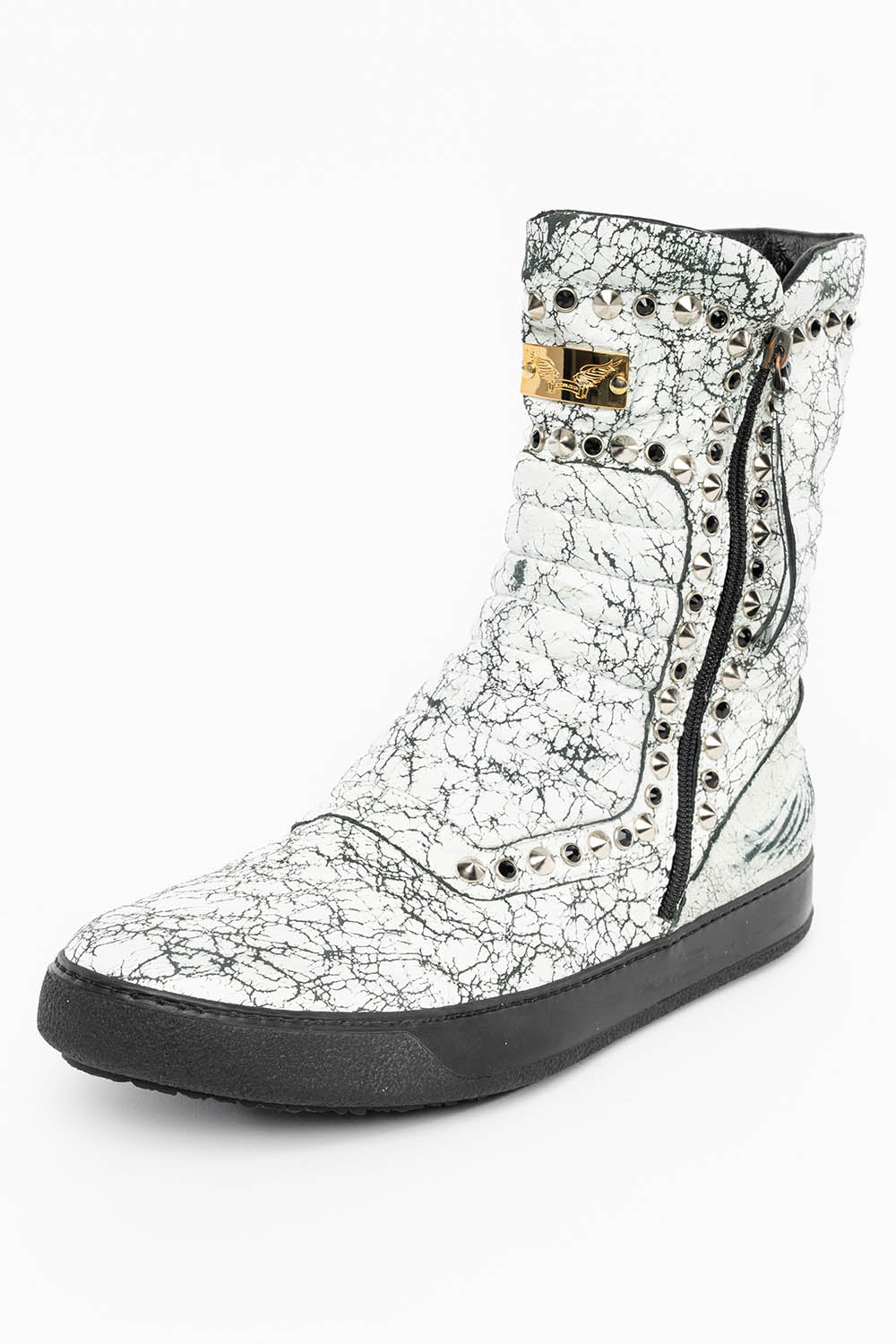 MENS HIGH TOP BIKER SHOES IN CRACKLED WHITE LEATHER WITH CRYSTALS AND SPIKE EMBELLISHMENT