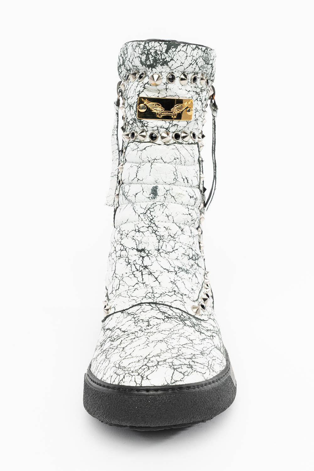 MENS HIGH TOP BIKER SHOES IN CRACKLED WHITE LEATHER WITH CRYSTALS AND SPIKE EMBELLISHMENT