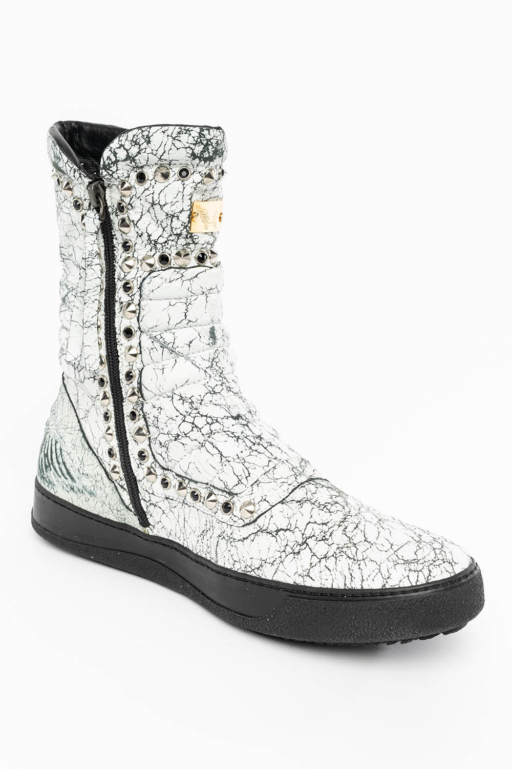 MENS HIGH TOP BIKER SHOES IN CRACKLED WHITE LEATHER WITH CRYSTALS AND SPIKE EMBELLISHMENT