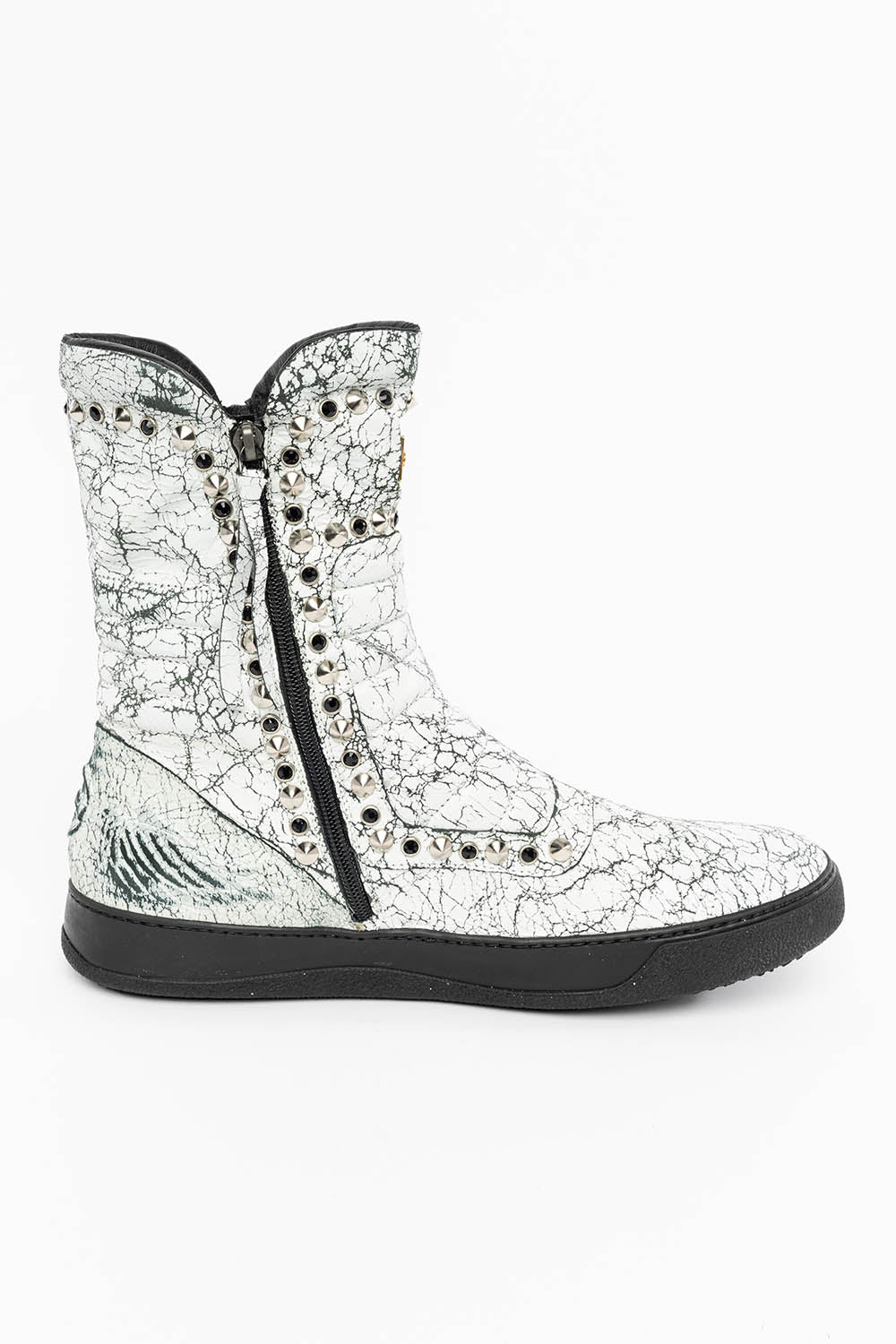 MENS HIGH TOP BIKER SHOES IN CRACKLED WHITE LEATHER WITH CRYSTALS AND SPIKE EMBELLISHMENT