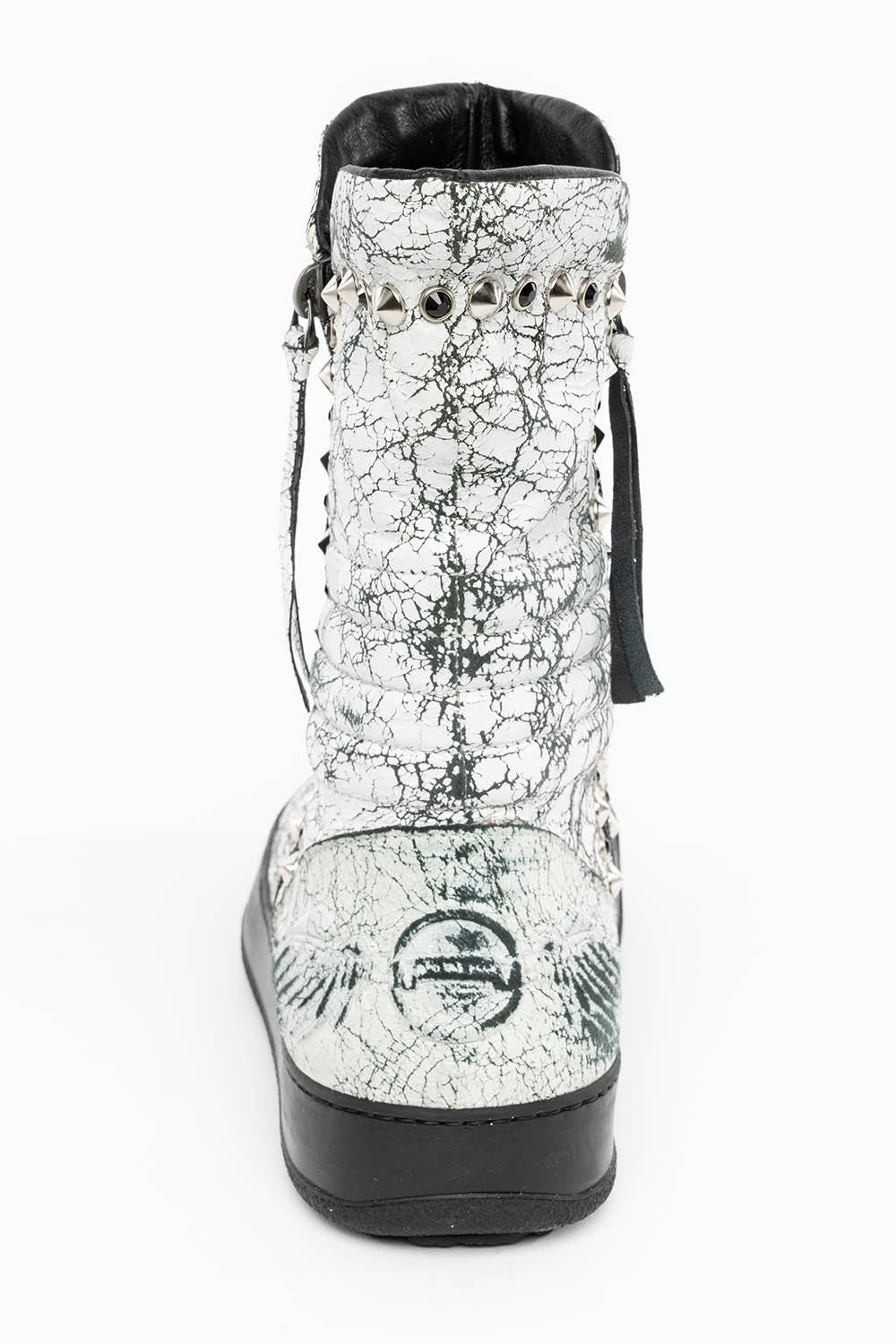 MENS HIGH TOP BIKER SHOES IN CRACKLED WHITE LEATHER WITH CRYSTALS AND SPIKE EMBELLISHMENT