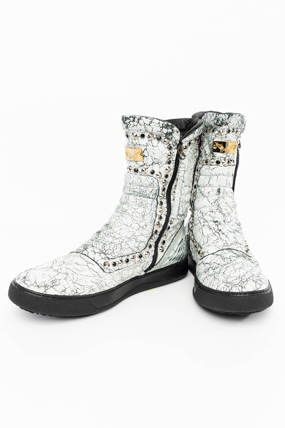 MENS HIGH TOP BIKER SHOES IN CRACKLED WHITE LEATHER WITH CRYSTALS AND SPIKE EMBELLISHMENT