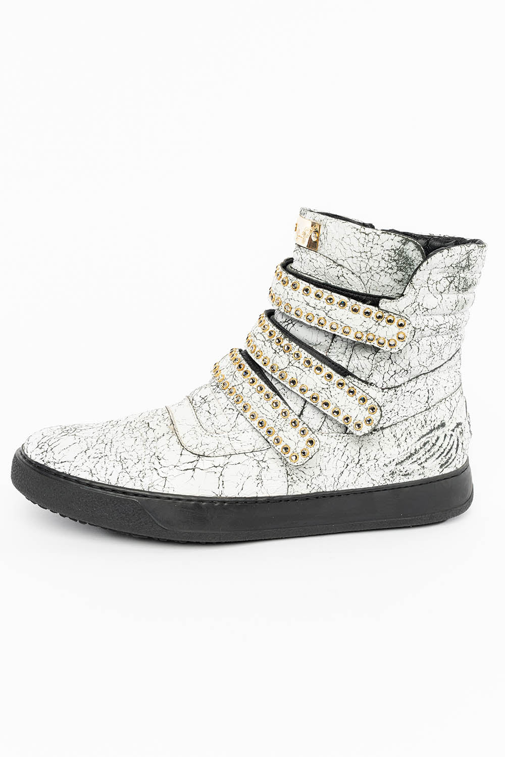 MENS HIGH TOP VELCRO SHOES IN CRACKLED WHITE LEATHER WITH CRYSTAL EMBELLISHMENT