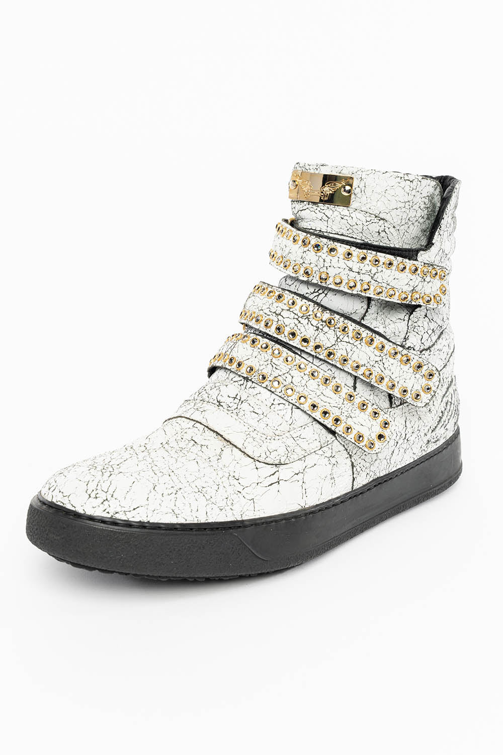 MENS HIGH TOP VELCRO SHOES IN CRACKLED WHITE LEATHER WITH CRYSTAL EMBELLISHMENT