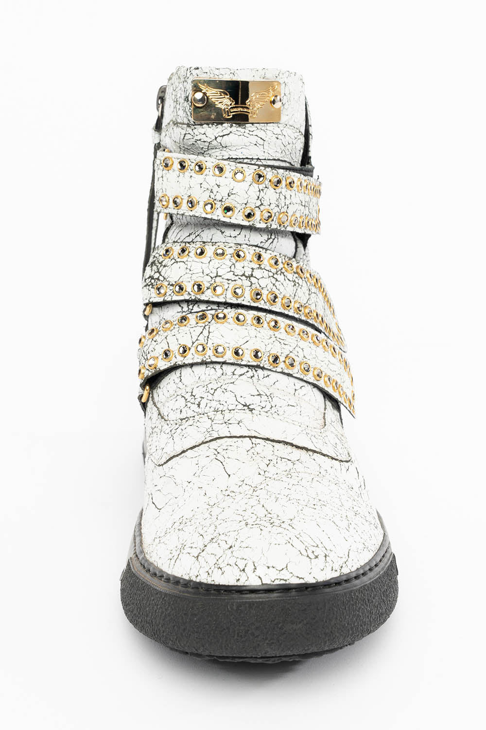 MENS HIGH TOP VELCRO SHOES IN CRACKLED WHITE LEATHER WITH CRYSTAL EMBELLISHMENT