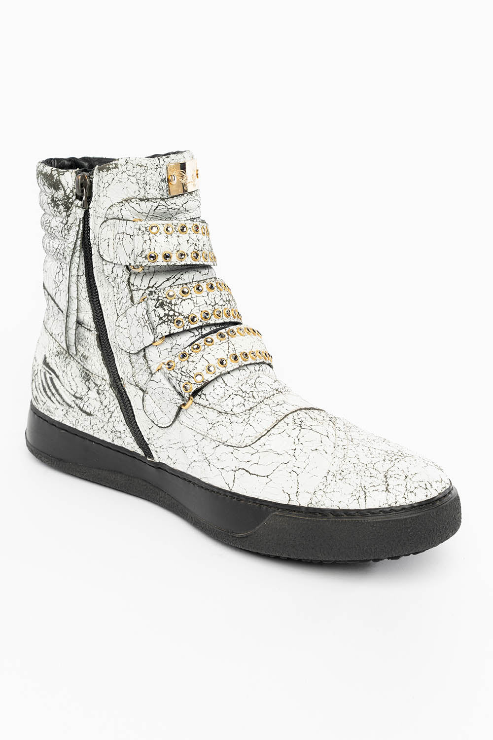 MENS HIGH TOP VELCRO SHOES IN CRACKLED WHITE LEATHER WITH CRYSTAL EMBELLISHMENT