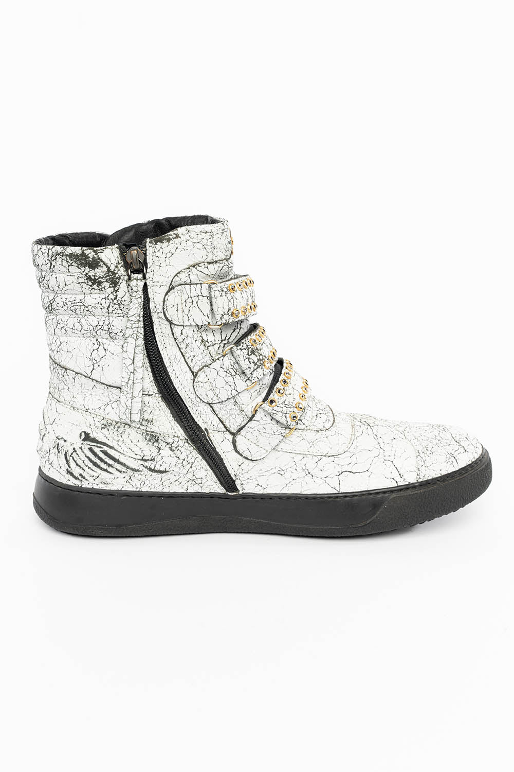 MENS HIGH TOP VELCRO SHOES IN CRACKLED WHITE LEATHER WITH CRYSTAL EMBELLISHMENT
