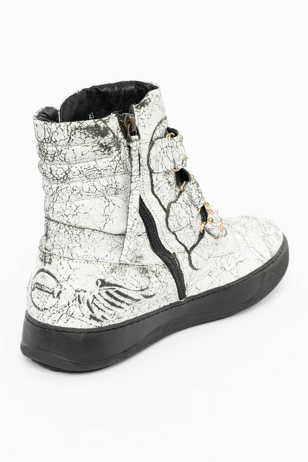 MENS HIGH TOP VELCRO SHOES IN CRACKLED WHITE LEATHER WITH CRYSTAL EMBELLISHMENT