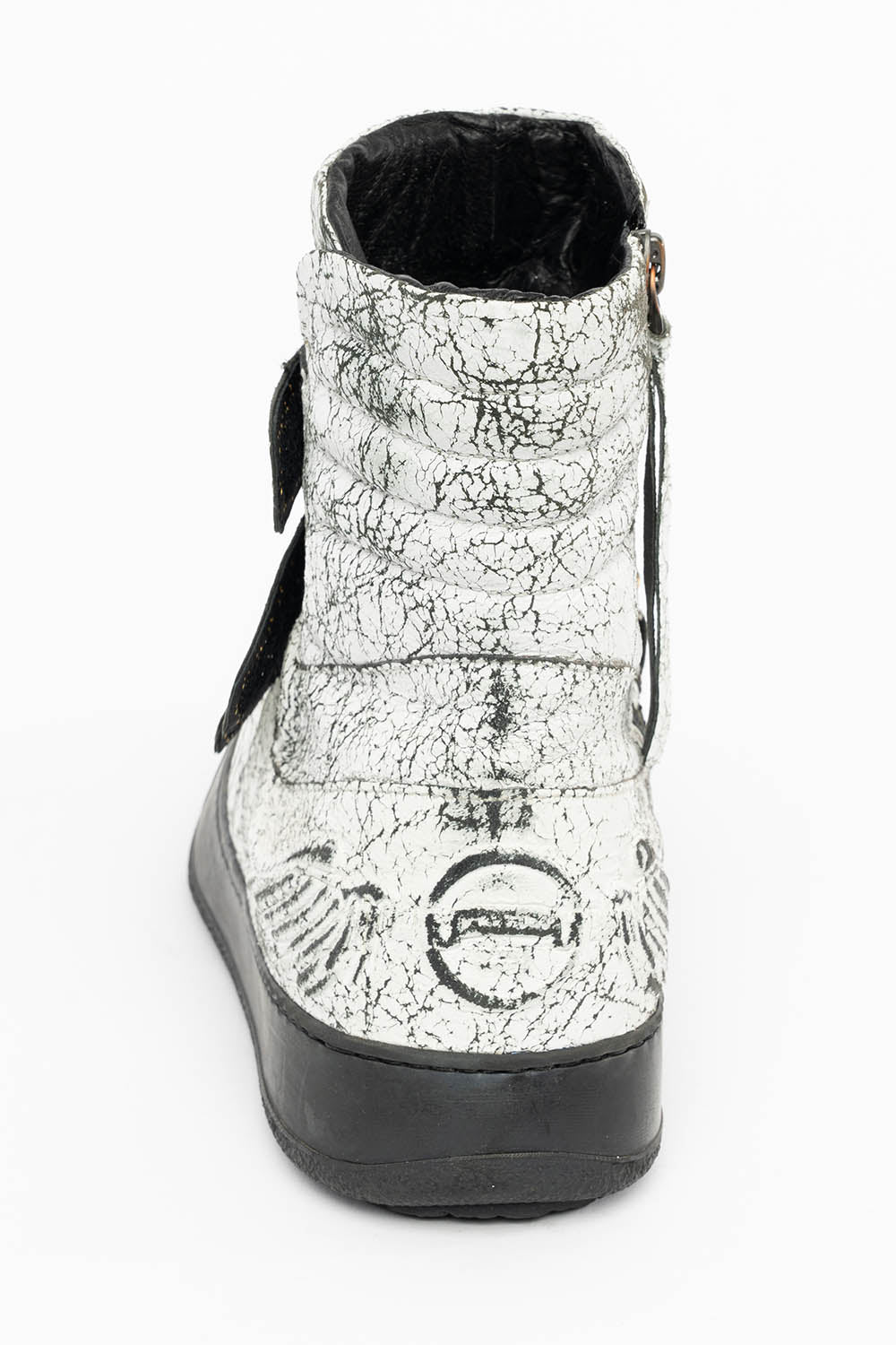 MENS HIGH TOP VELCRO SHOES IN CRACKLED WHITE LEATHER WITH CRYSTAL EMBELLISHMENT