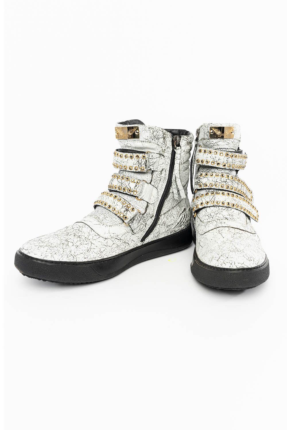 MENS HIGH TOP VELCRO SHOES IN CRACKLED WHITE LEATHER WITH CRYSTAL EMBELLISHMENT