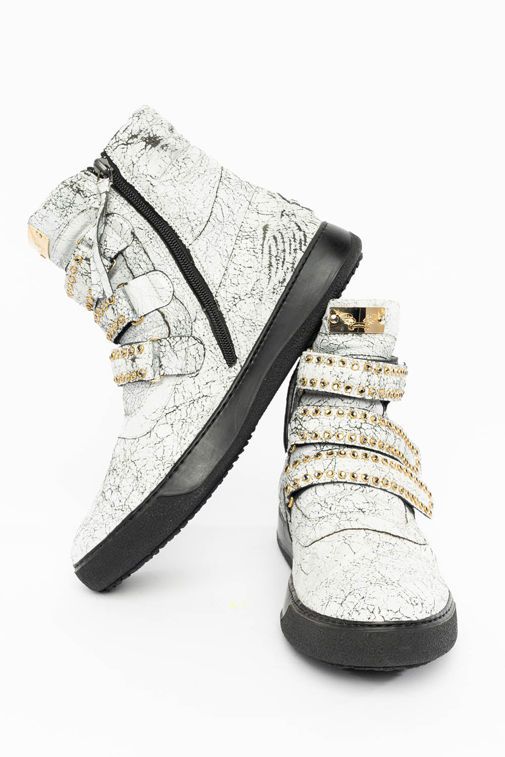 MENS HIGH TOP VELCRO SHOES IN CRACKLED WHITE LEATHER WITH CRYSTAL EMBELLISHMENT