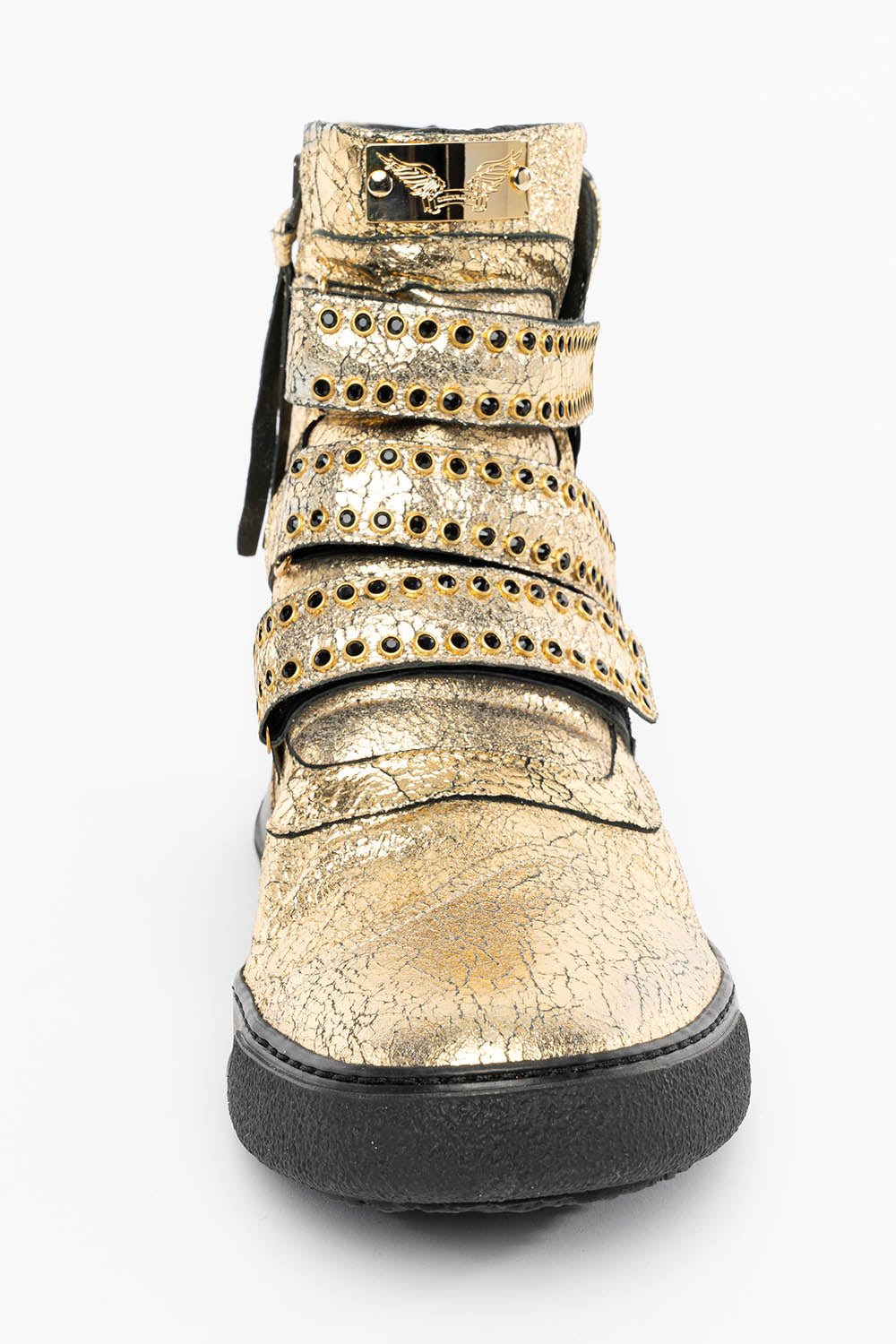 MENS HIGH TOP VELCRO SHOES IN CRACKLED GOLD LEATHER WITH CRYSTAL EMBELLISHMENT