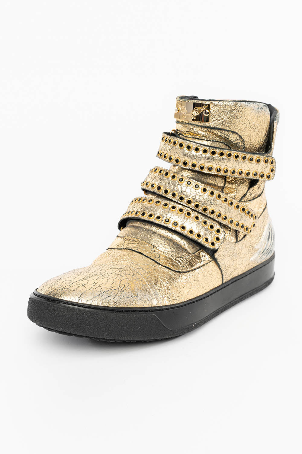 MENS HIGH TOP VELCRO SHOES IN CRACKLED GOLD LEATHER WITH CRYSTAL EMBELLISHMENT