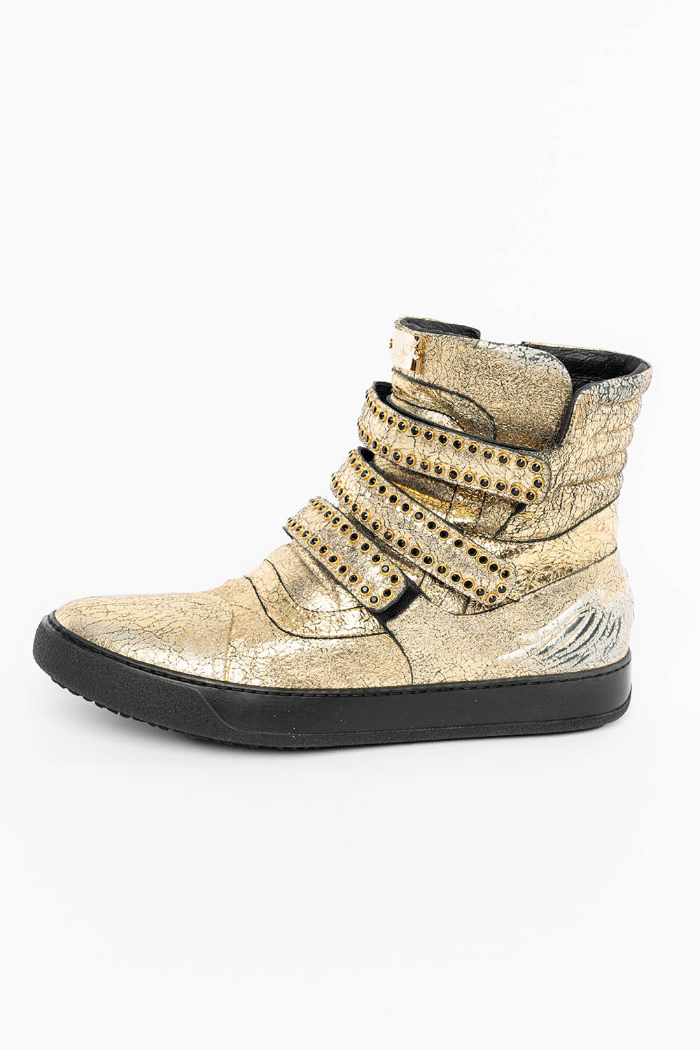 MENS HIGH TOP VELCRO SHOES IN CRACKLED GOLD LEATHER WITH CRYSTAL EMBELLISHMENT