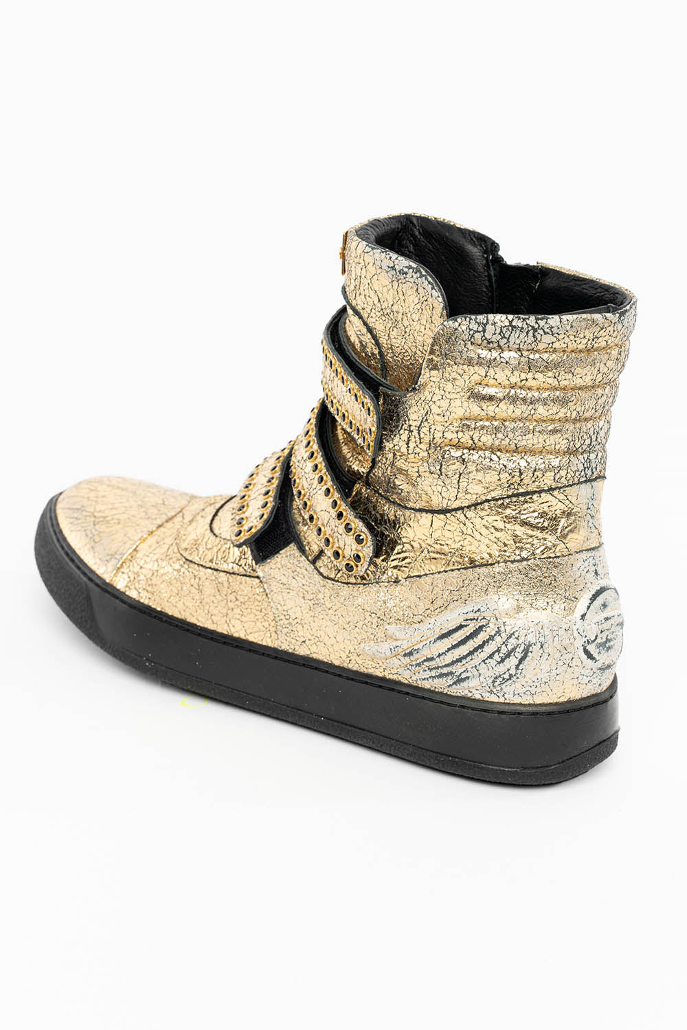 MENS HIGH TOP VELCRO SHOES IN CRACKLED GOLD LEATHER WITH CRYSTAL EMBELLISHMENT