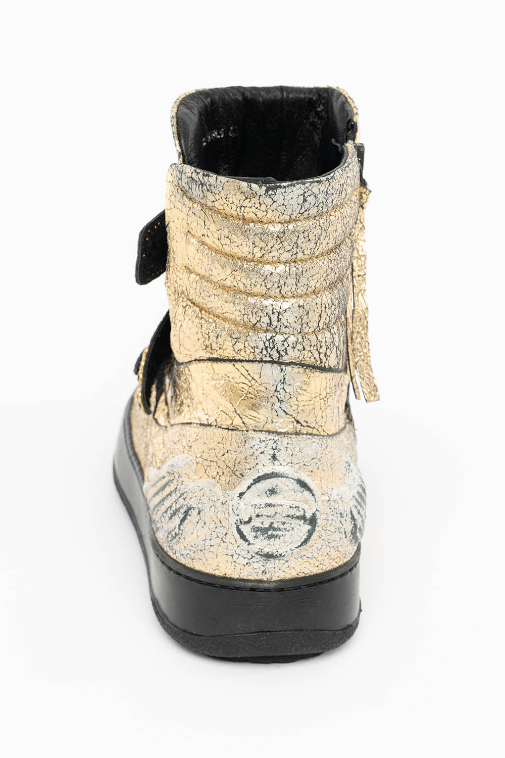 MENS HIGH TOP VELCRO SHOES IN CRACKLED GOLD LEATHER WITH CRYSTAL EMBELLISHMENT