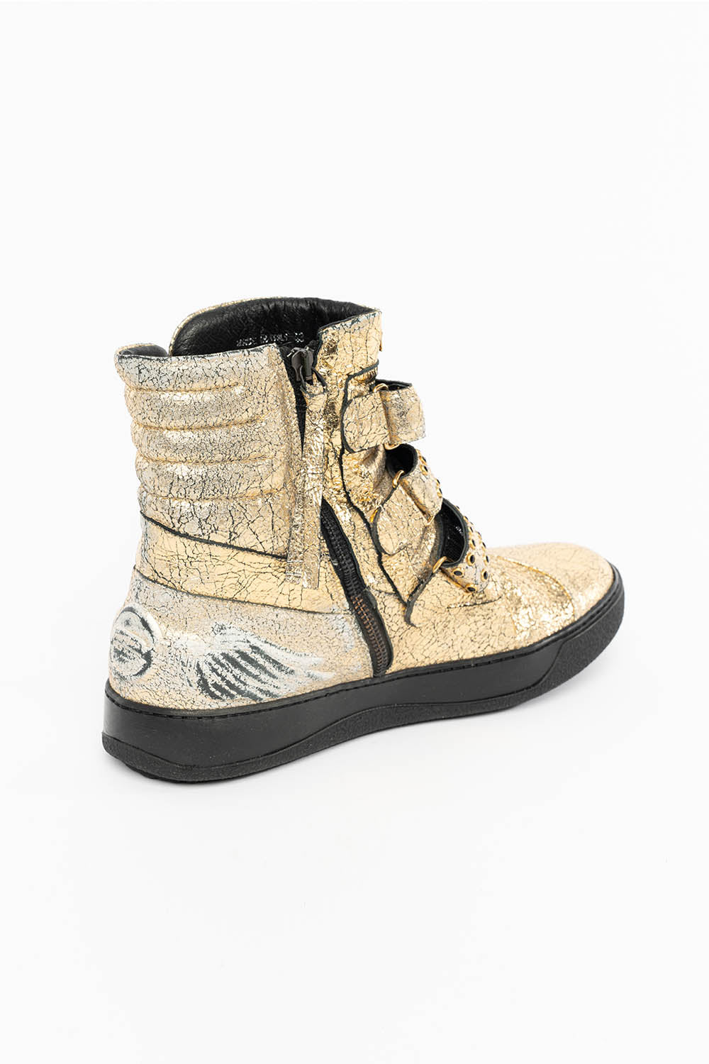 MENS HIGH TOP VELCRO SHOES IN CRACKLED GOLD LEATHER WITH CRYSTAL EMBELLISHMENT
