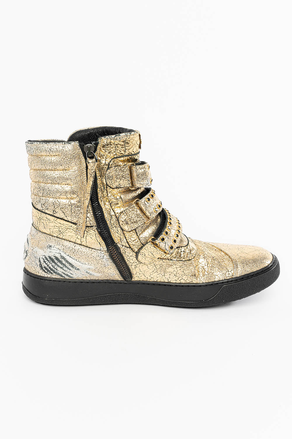 MENS HIGH TOP VELCRO SHOES IN CRACKLED GOLD LEATHER WITH CRYSTAL EMBELLISHMENT