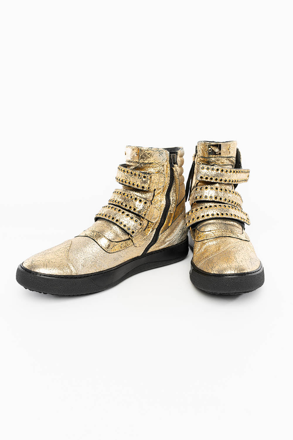 MENS HIGH TOP VELCRO SHOES IN CRACKLED GOLD LEATHER WITH CRYSTAL EMBELLISHMENT