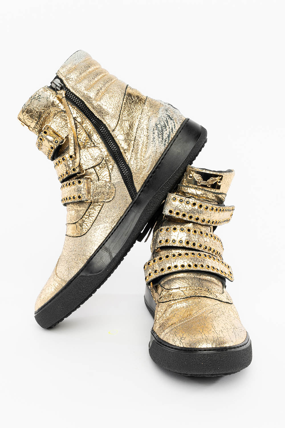 MENS HIGH TOP VELCRO SHOES IN CRACKLED GOLD LEATHER WITH CRYSTAL EMBELLISHMENT
