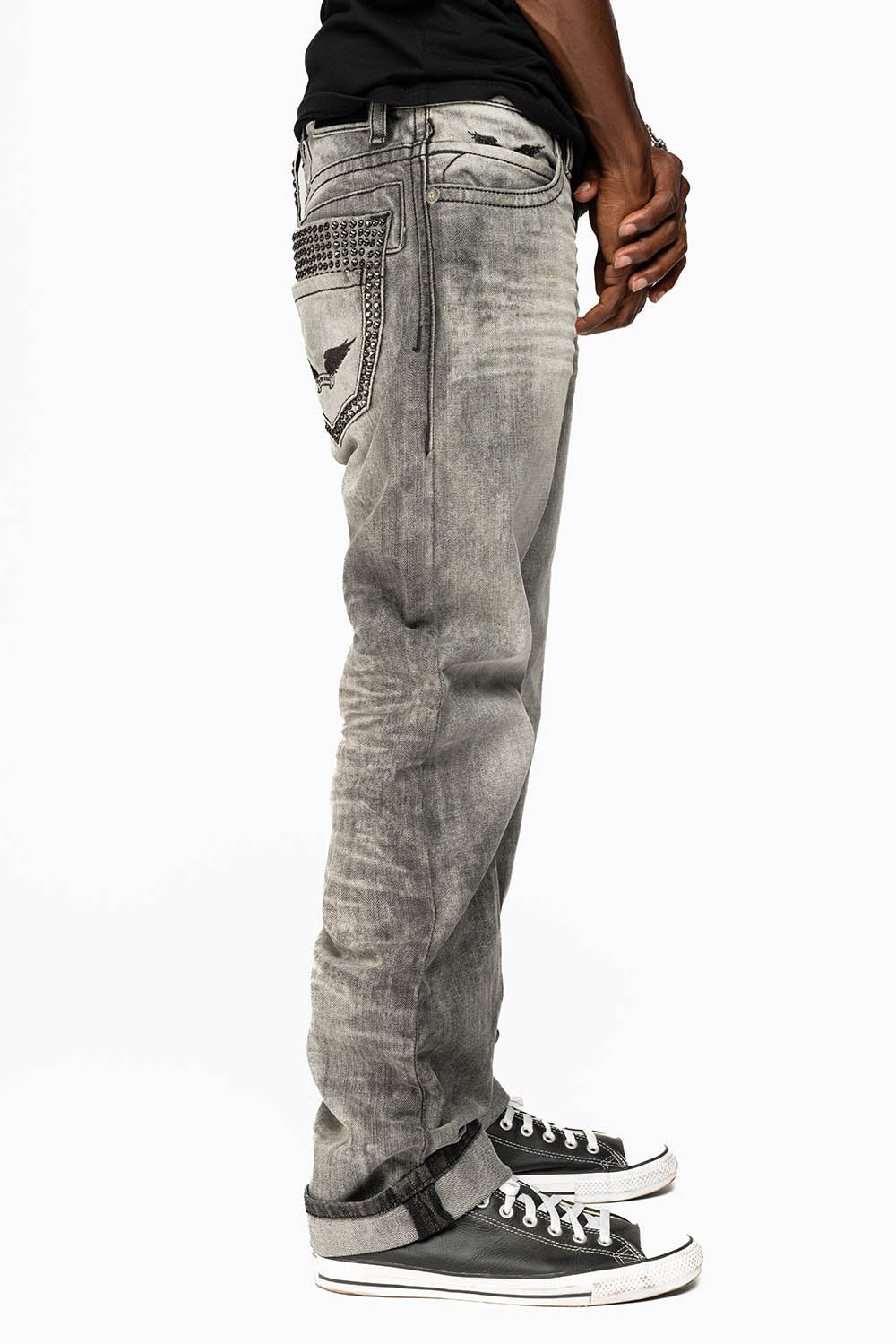 MENS DOUBLE BACK POCKET JEANS LIMITED EDITION WITH BLK DIAMOND CRYSTALS IN CHEROKEE WASH