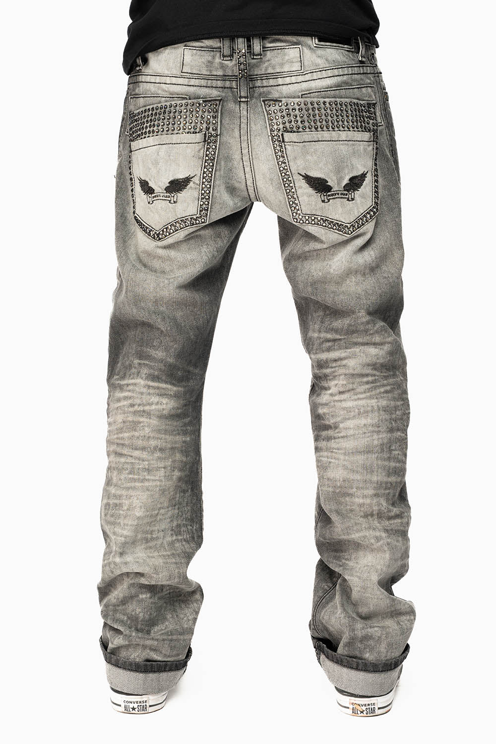 MENS DOUBLE BACK POCKET JEANS LIMITED EDITION WITH BLK DIAMOND CRYSTALS IN CHEROKEE WASH