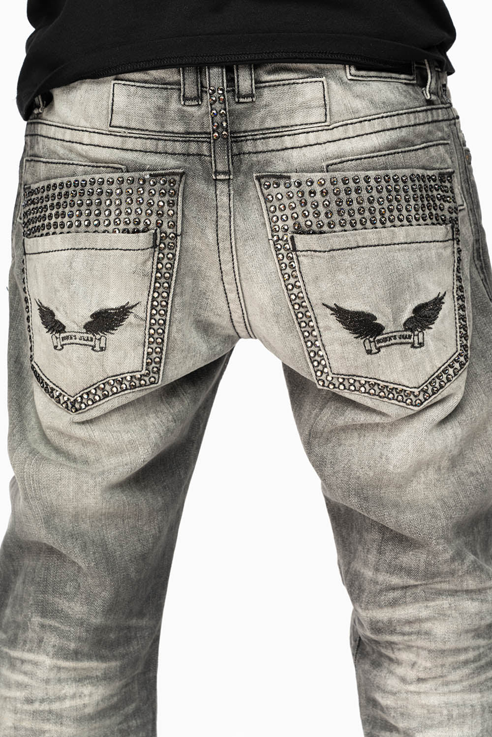MENS DOUBLE BACK POCKET JEANS LIMITED EDITION WITH BLK DIAMOND CRYSTALS IN CHEROKEE WASH