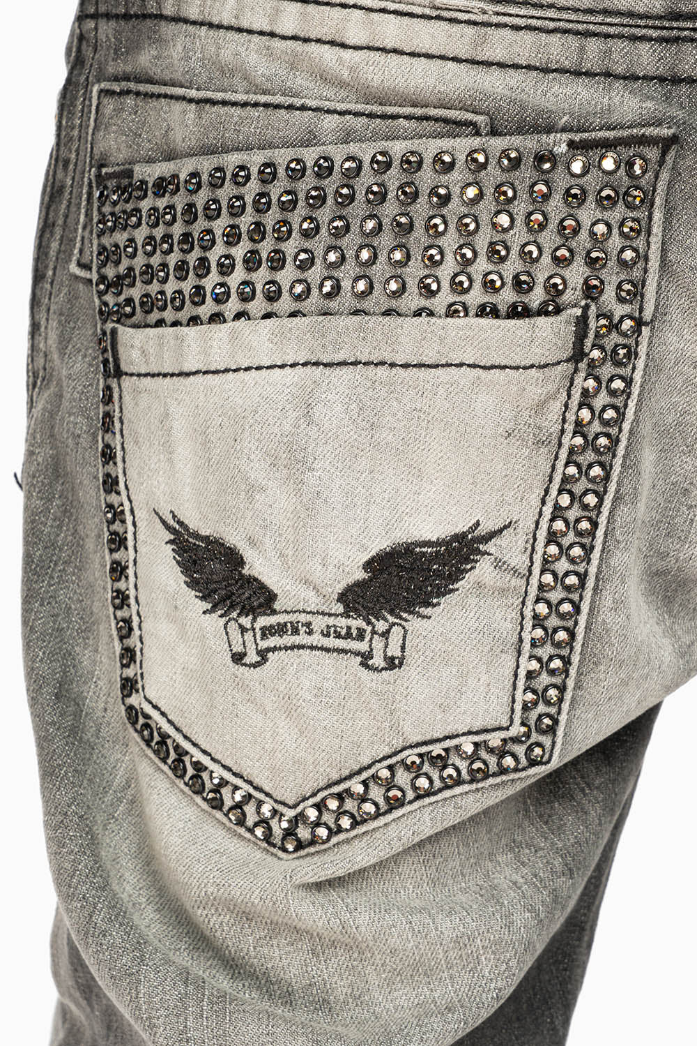 MENS DOUBLE BACK POCKET JEANS LIMITED EDITION WITH BLK DIAMOND CRYSTALS IN CHEROKEE WASH