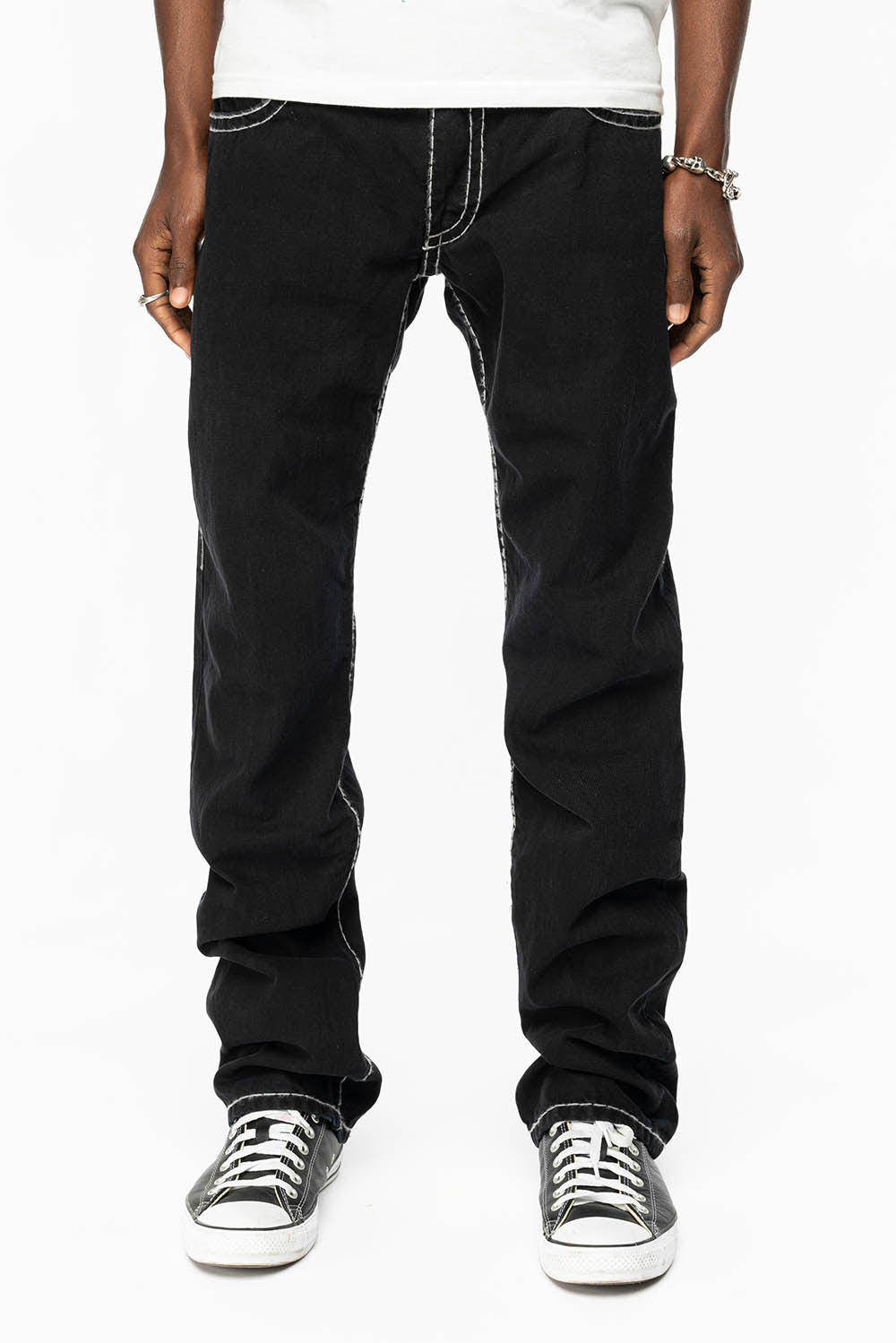 HEAVY STITCH JEANS IN PURE BLACK  WITH WHITE CONTRAST